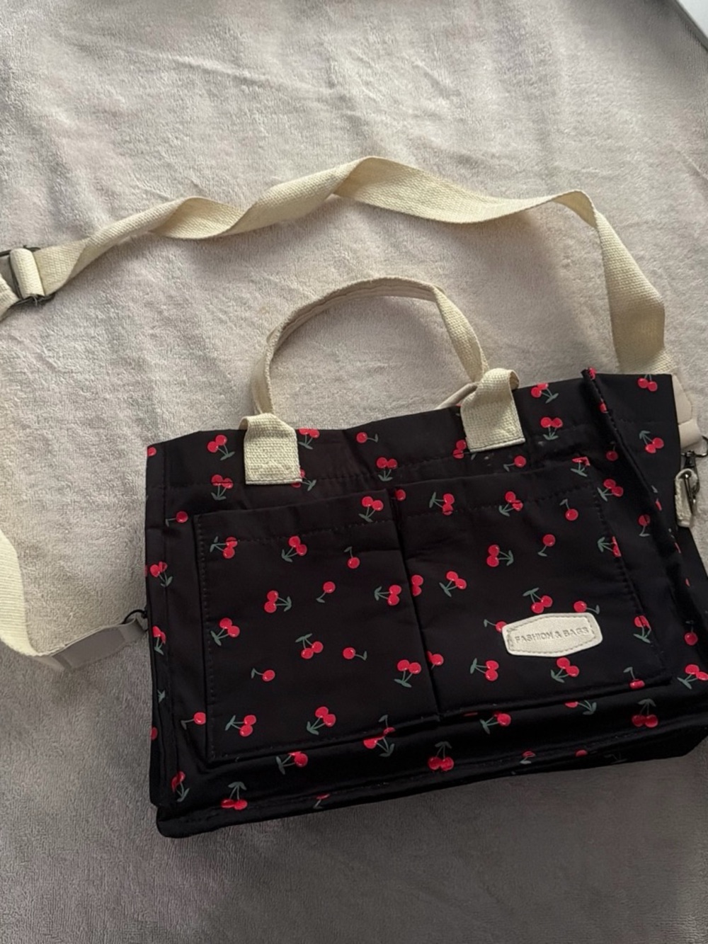 SHEIN Black Cherry Print Tote with Cream Straps